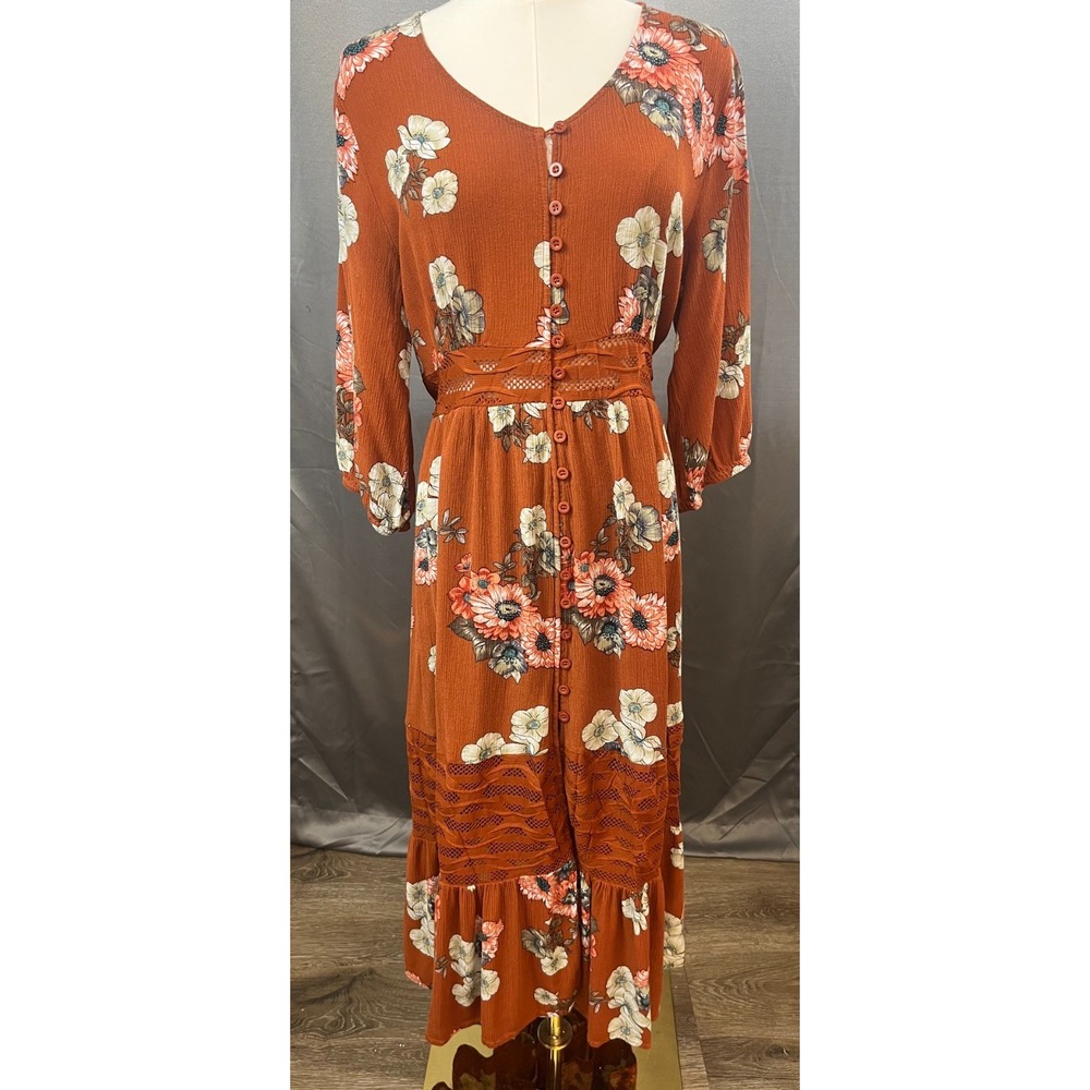 Rebellion Floral Lace Tiered Long Sleeve Button Front Maxi Dress Orange Size XL